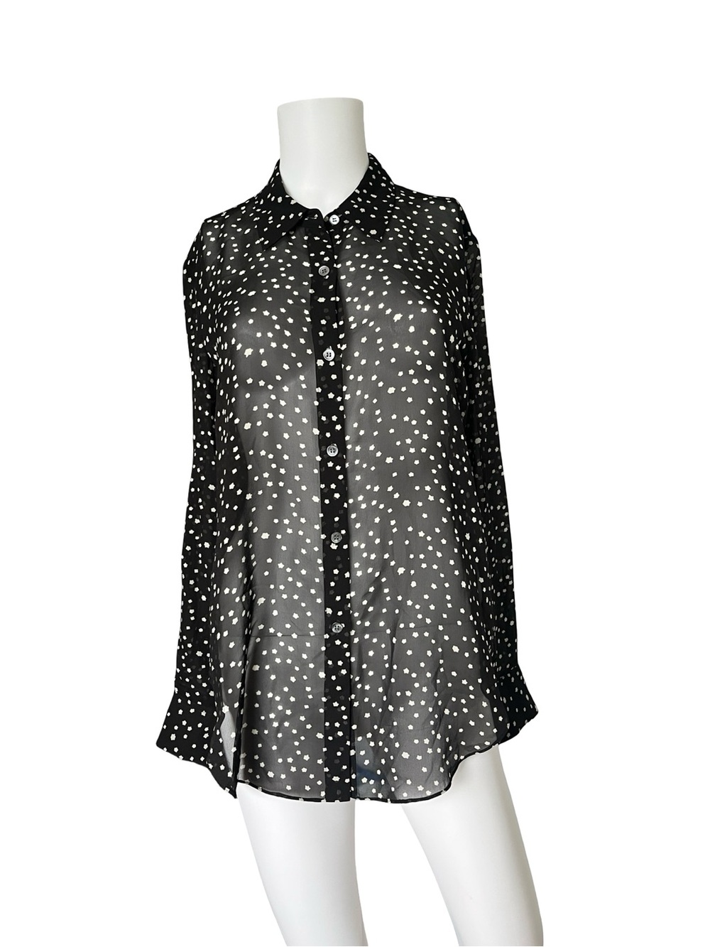 Theory Womens Classic Sheer Shirt Blouse Black Star Print Silk Womens Size Small